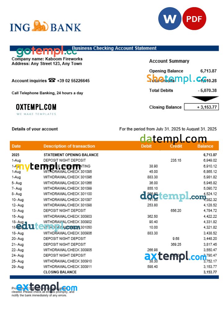 Italian ING bank enterprise account statement Word and PDF template