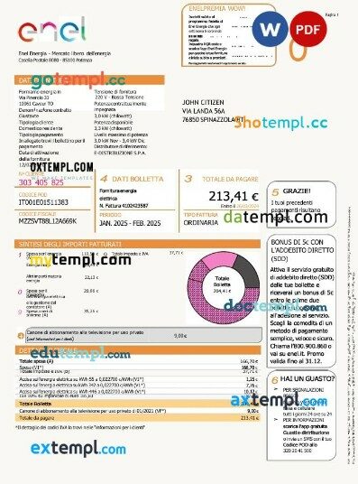 Italy Enel Energia utility bill template in Word and PDF formats