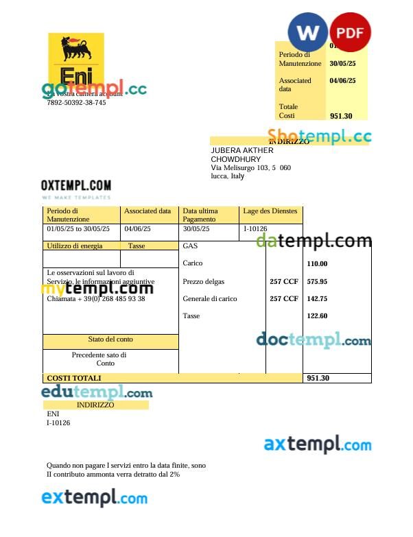 Italy Eni gas energy utility bill in Word and PDF format Italy Eni gas energy utility bill in Word and PDF format