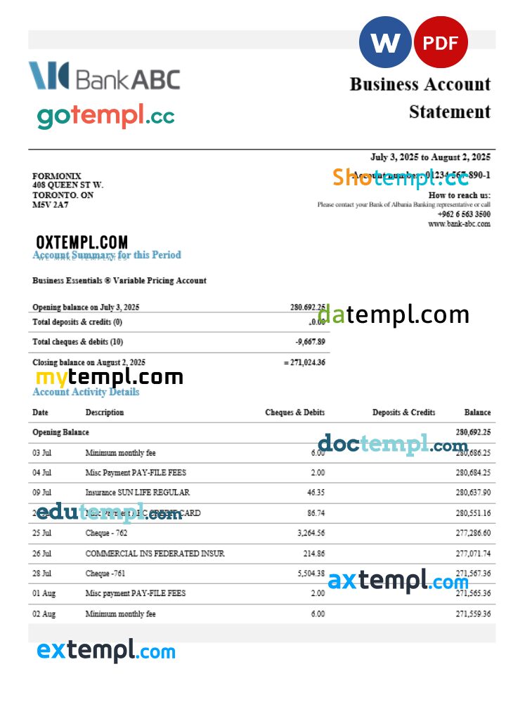 Jordan ABC business account statement Word and PDF template