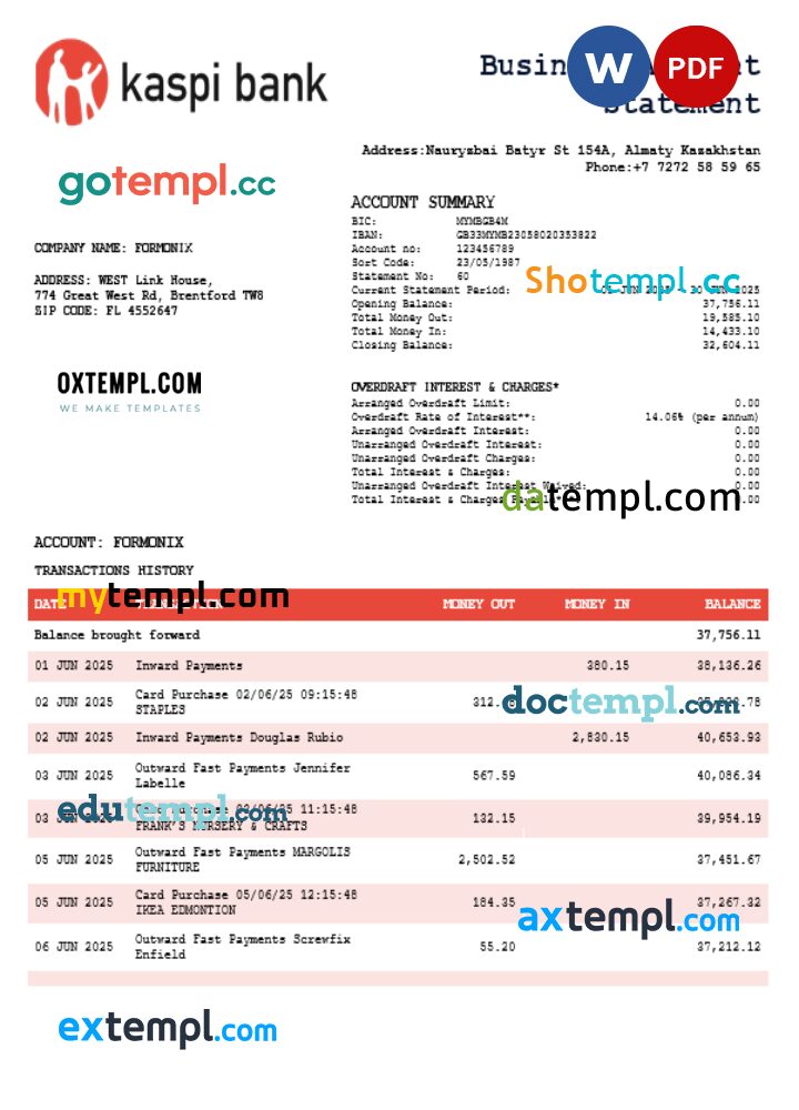 Kaspi Bank organization checking account statement Word and PDF template
