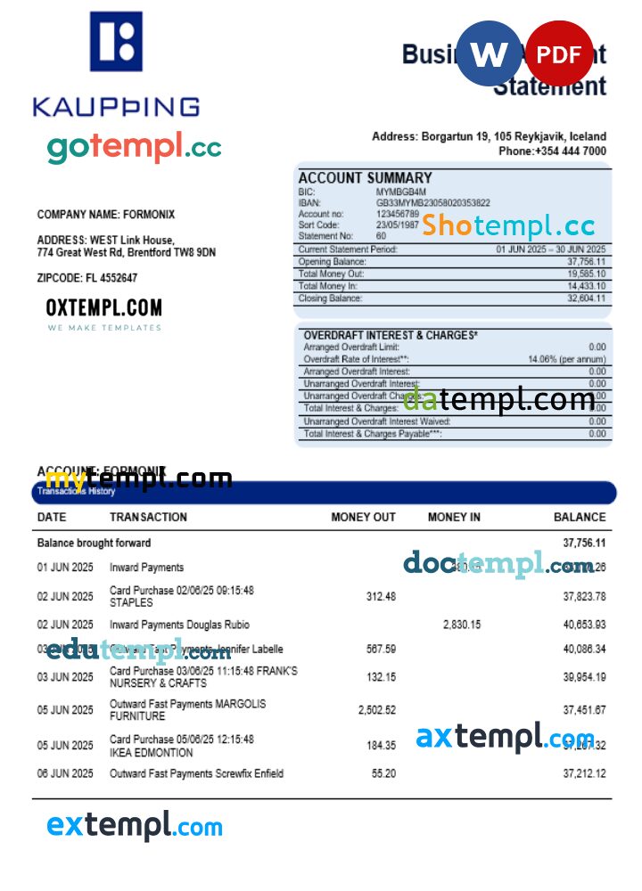 Kaupthing business firm account bank statement Word and PDF format