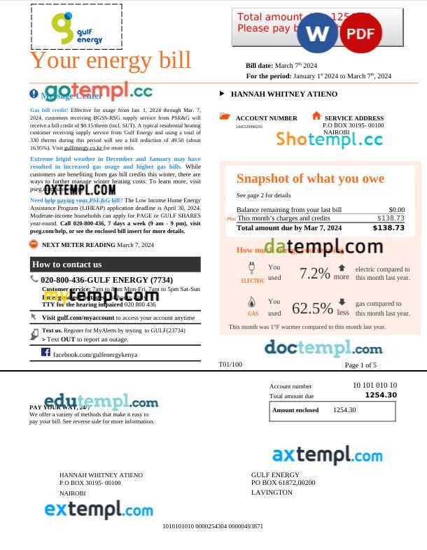 Kenya Gulf Energy gas utility bill in Word and PDF format Kenya Gulf Energy gas utility bill in Word and PDF format