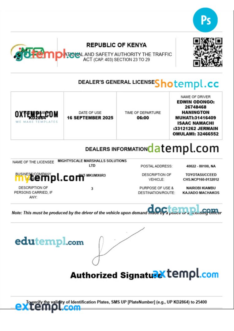 Kenya car dealers license template in PSD format