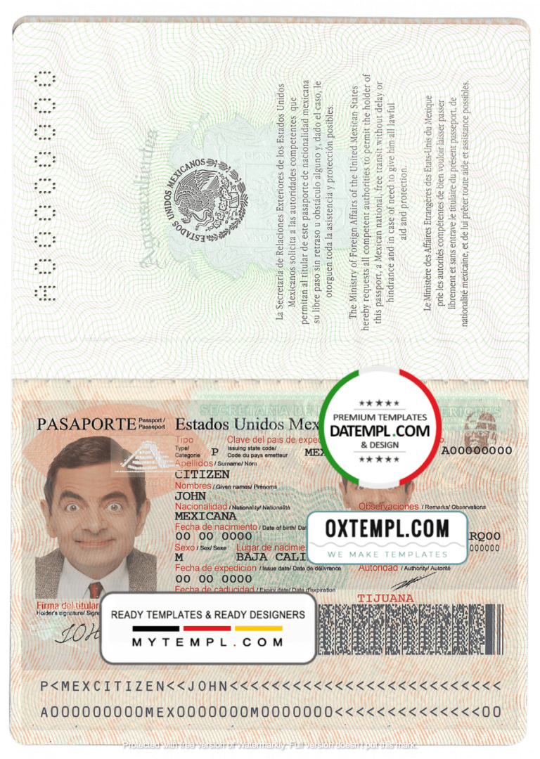 Mexican passport example in PSD format, fully editable