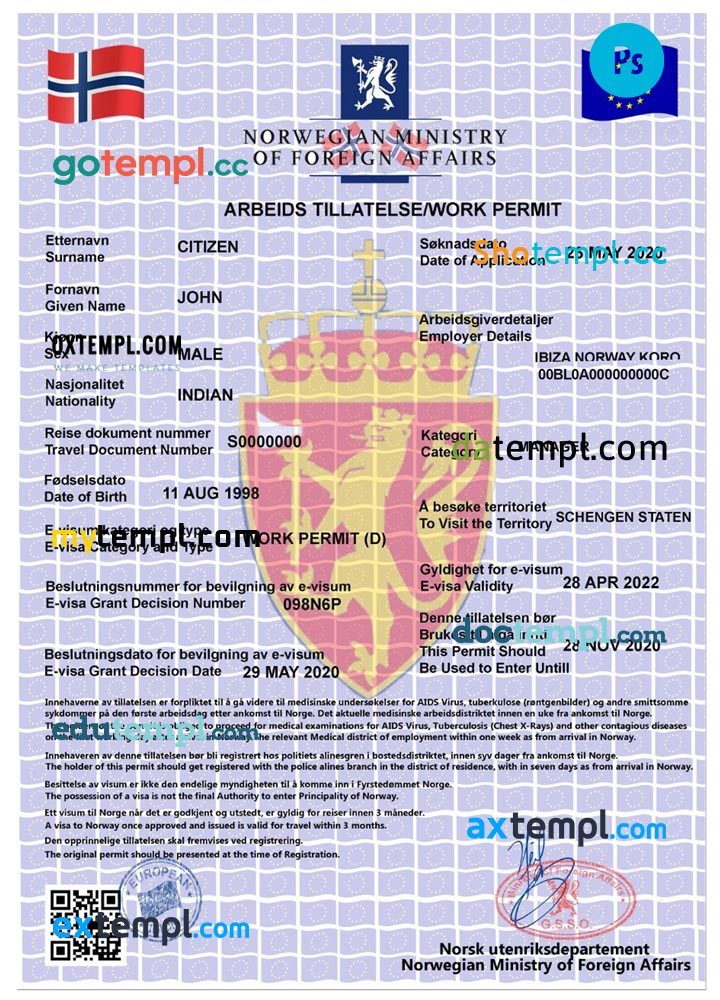 Norway work permit, e-visa PSD example, completely editable, with fonts