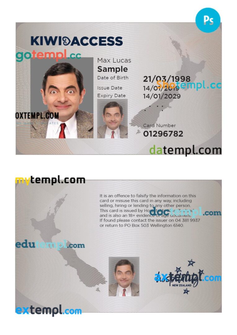 New Zealand Kiwi access (proof of age) card template in PSD format