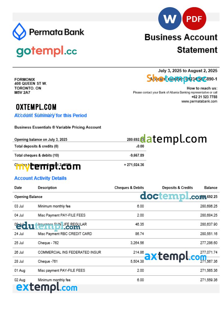 Permatabank organization checking account statement Word and PDF format