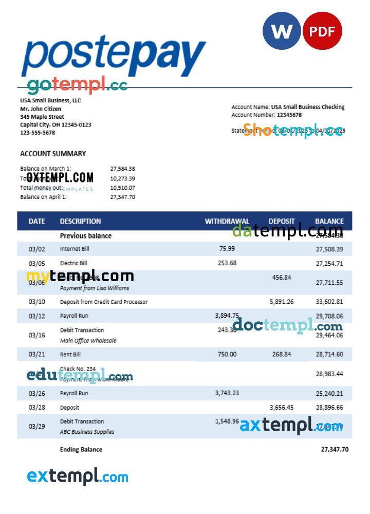 Postepay Evolution (Poste Italiane) enterprise statement Word and PDF format