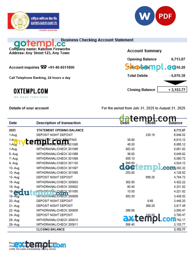 RBB Smart business bank organization account statement Word and PDF format
