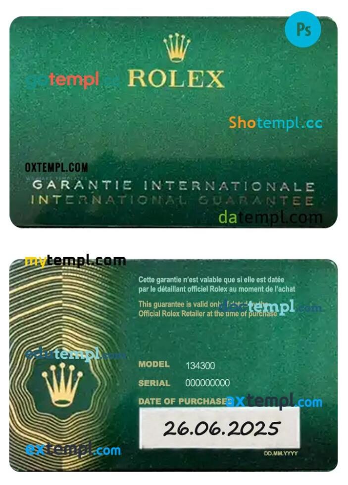 Rolex International Guarantee Card template in PSD format