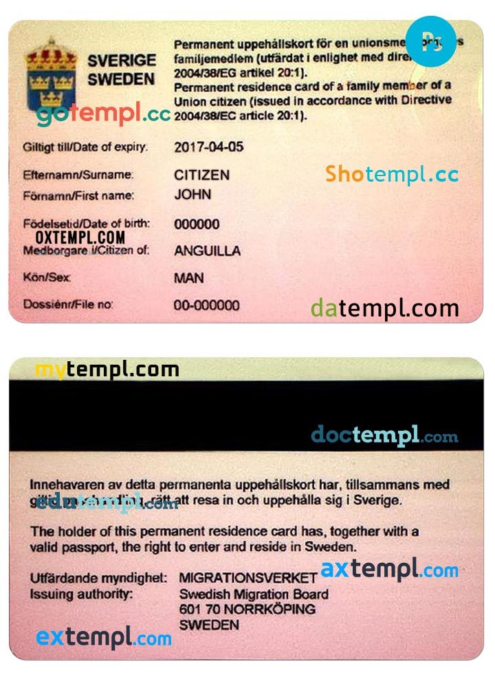 Swedish permanent residence card PSD example, with fonts Swedish permanent residence card PSD example, with fonts