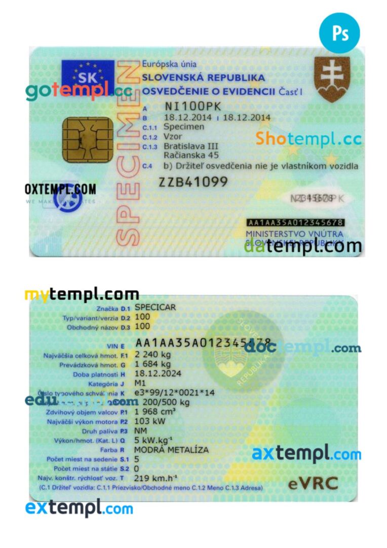 Slovakia vehicle registration card in PSD format Slovakia vehicle registration card in PSD format