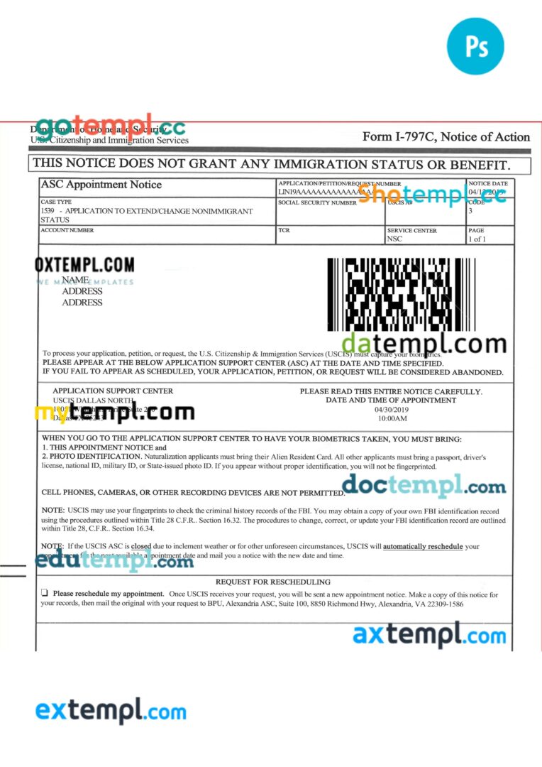 U.S. Citizenship and Immigration services form I-797C, Notice of action template in PSD format