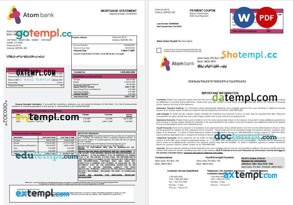UK Atom Bank mortgage statement in Word and PDF formats UK Atom Bank mortgage statement in Word and PDF formats