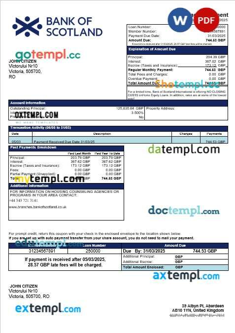 UK Bank of Scotland mortgage statement in Word and PDF formats UK Bank of Scotland mortgage statement in Word and PDF formats