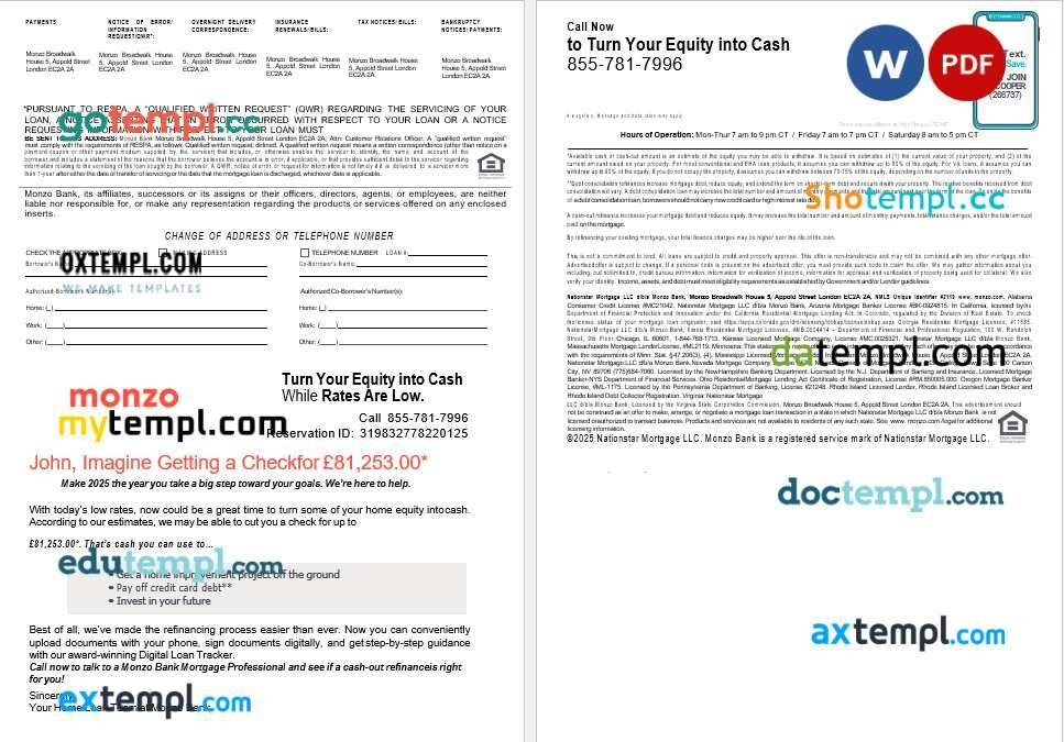 UK Monzo Bank mortgage loan statement in Word and PDF formats, 4 pages UK Monzo Bank mortgage loan statement in Word and PDF formats, 4 pages