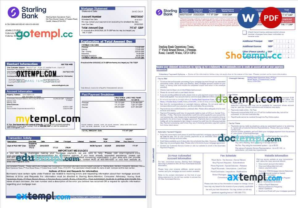 UK Starling Bank mortgage statement in Word and PDF formats, 3 pages UK Starling Bank mortgage statement in Word and PDF formats, 3 pages