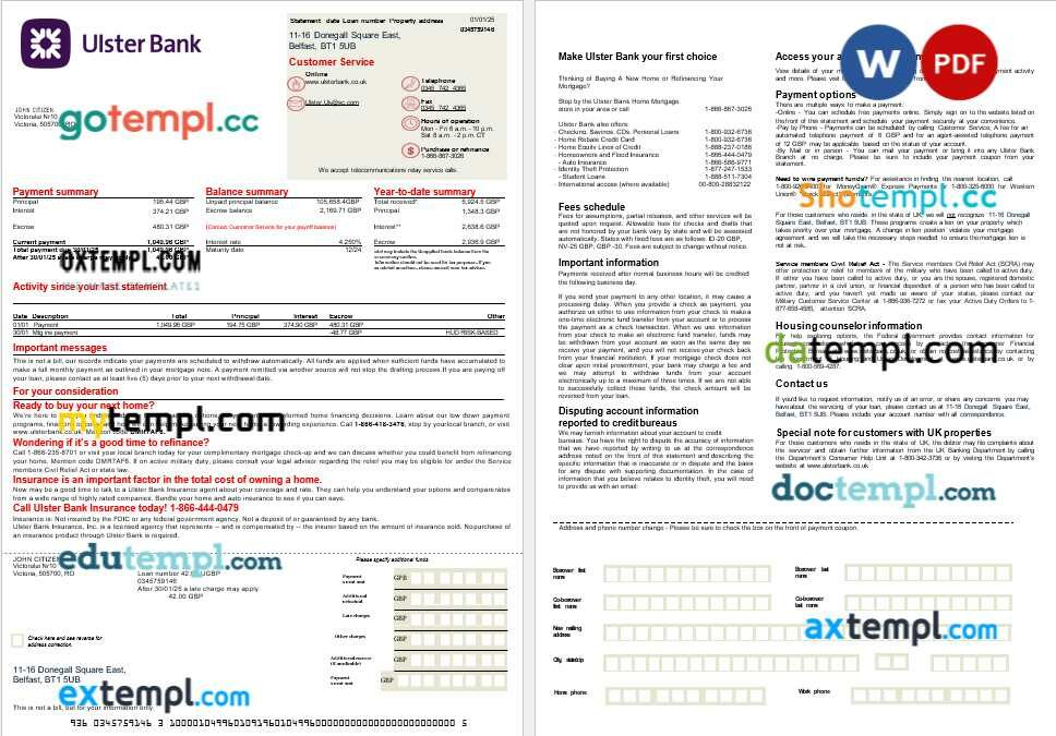 UK Ulster Bank mortgage statement in Word and PDF formats, 2 pages UK Ulster Bank mortgage statement in Word and PDF formats, 2 pages