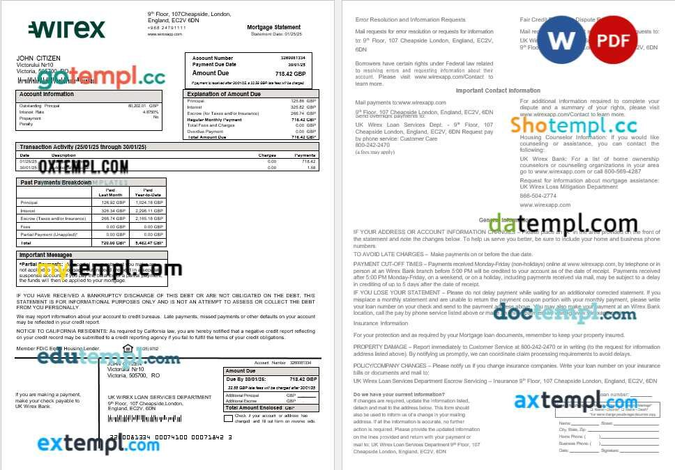 UK Wirex mortgage statement in Word and PDF formats UK Wirex mortgage statement in Word and PDF formats