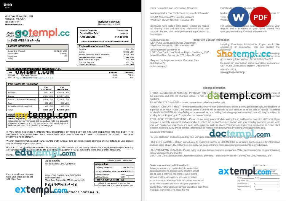 USA 1One Card mortgage statement in Word and PDF formats USA 1One Card mortgage statement in Word and PDF formats