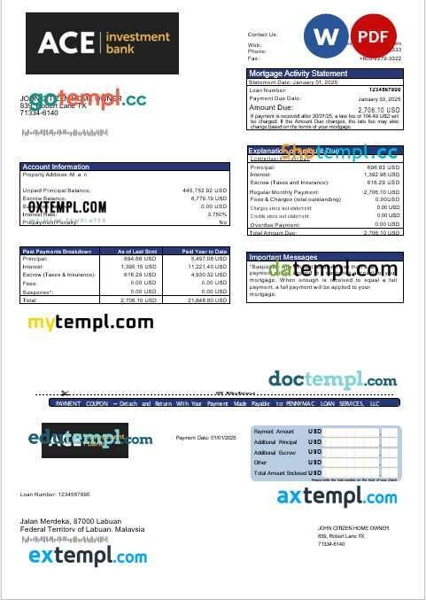 USA ACE bank mortgage statement in Word and PDF formats USA ACE bank mortgage statement in Word and PDF formats