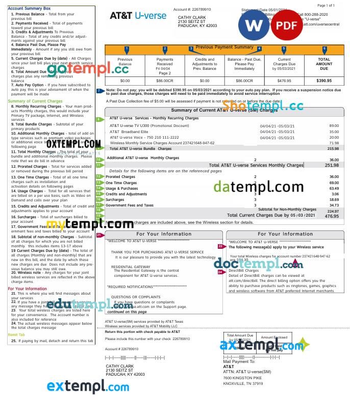 USA AT&T utility bill in Word and PDF format USA AT&T utility bill in Word and PDF format