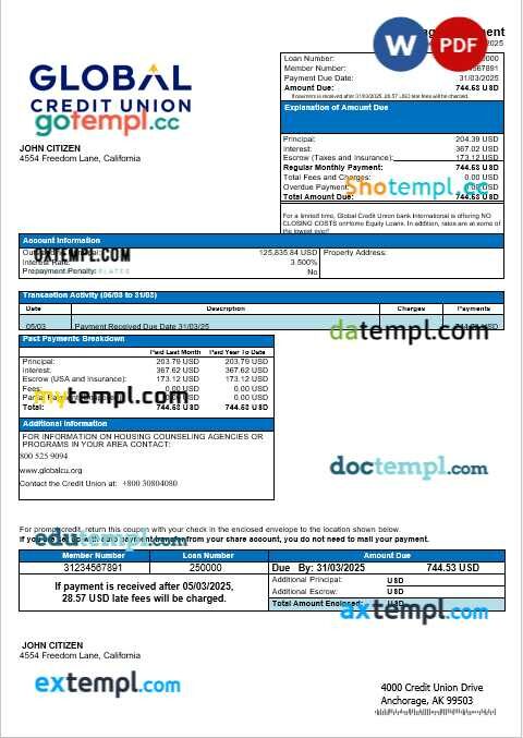 USA Alaska Global Credit Union bank mortgage statement in Word and PDF formats USA Alaska Global Credit Union bank mortgage statement in Word and PDF formats