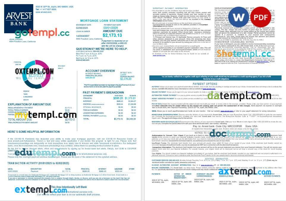 USA Arvest bank mortgage loan statement in Word and PDF formats, 4 pages