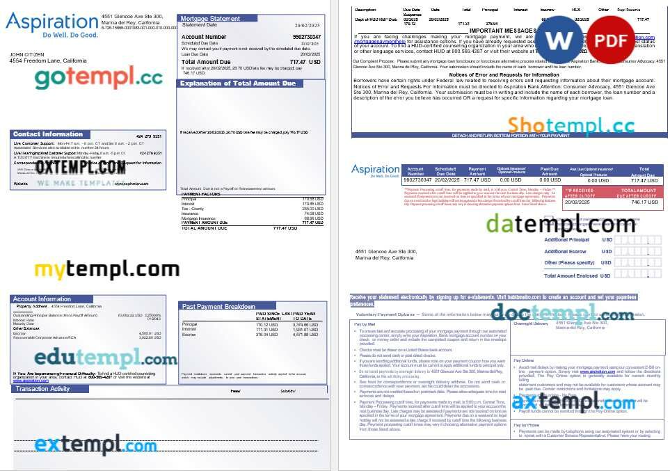 USA Aspiration bank mortgage statement in Word and PDF formats, 3 pages
