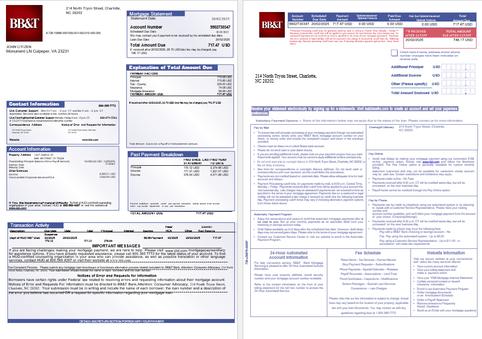 USA BB&T Corp. bank mortgage statement in Word and PDF formats, 3 pages