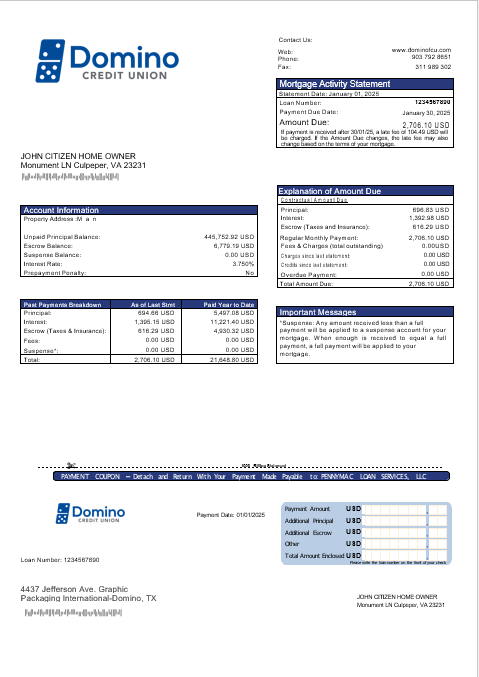 USA Bank of Domino bank mortgage statement in Word and PDF formats