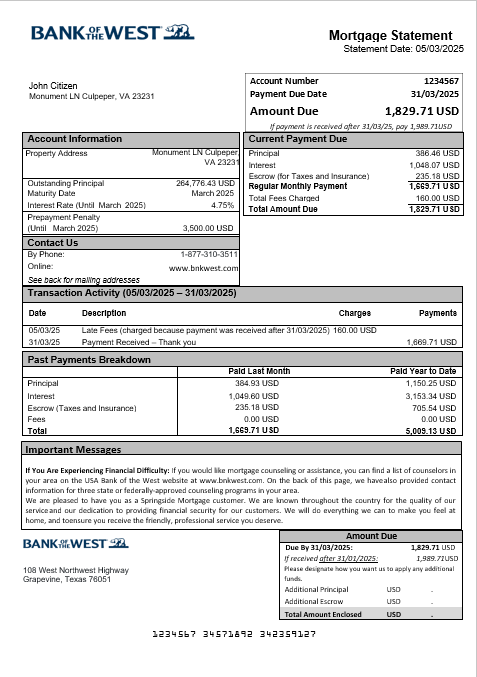 USA Bank of the West bank mortgage statement in Word and PDF formats