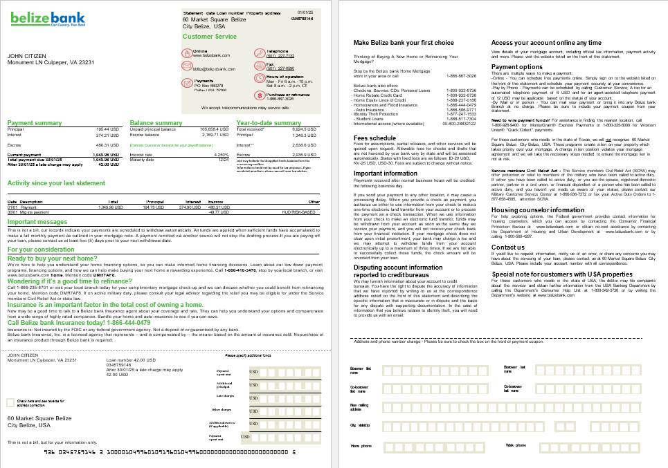 USA Belize Bank mortgage statement in Word and PDF formats, 2 pages