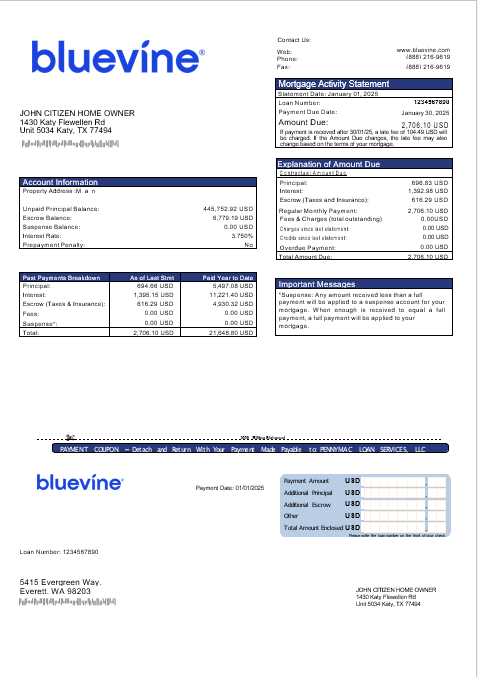 USA Bluevine bank mortgage statement in Word and PDF formats