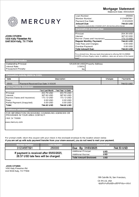 USA CA San Francisco Mercury bank mortgage statement in Word and PDF formats