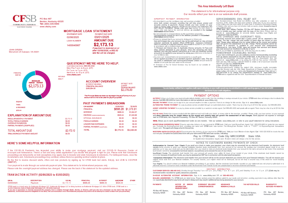 USA CFSB bank mortgage loan statement in Word and PDF formats, 4 pages