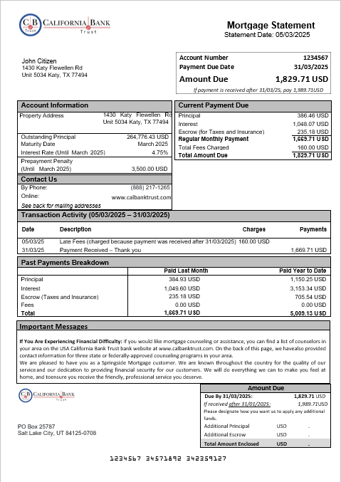 USA California Bank Trust bank mortgage statement in Word and PDF formats