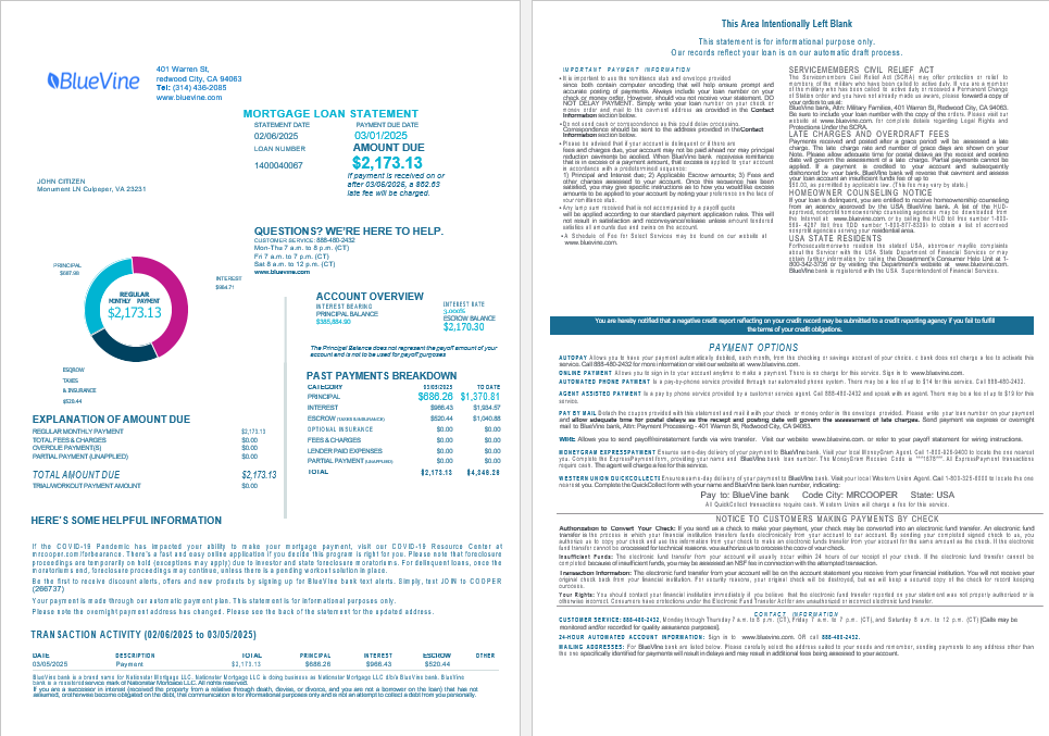 USA California BlueVine bank mortgage loan statement in Word and PDF formats, 4 pages