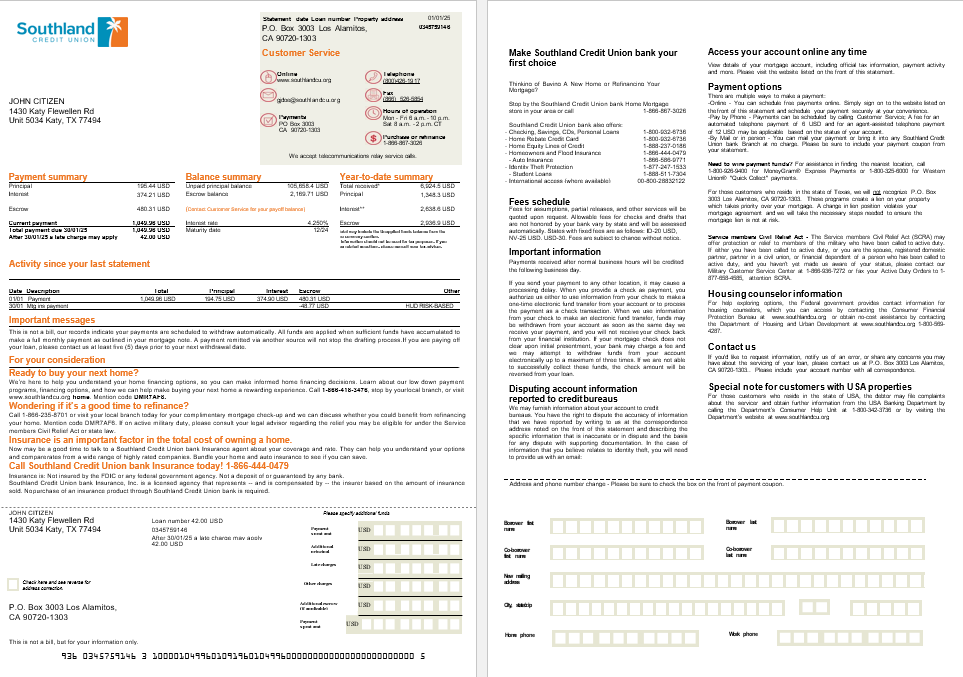 USA California Southland Credit Union mortgage statement in Word and PDF formats, 2 pages