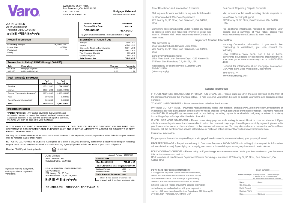 USA California Varo bank mortgage statement in Word and PDF formats