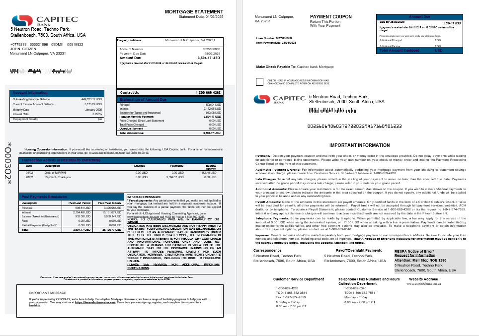 USA Capitec bank mortgage statement in Word and PDF formats