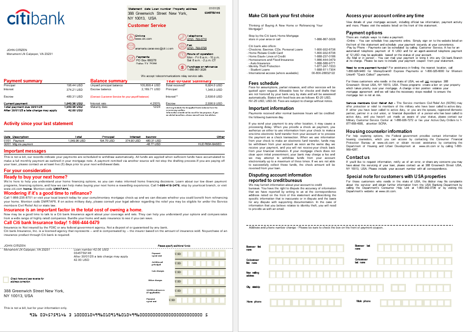 USA Citi bank mortgage statement in Word and PDF formats, 2 pages