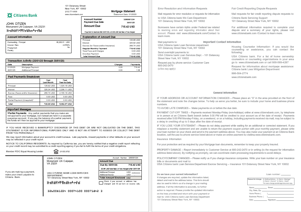 USA Citizens bank mortgage statement in Word and PDF formats