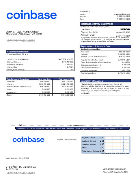 USA Coinbase mortgage statement in Word and PDF formats