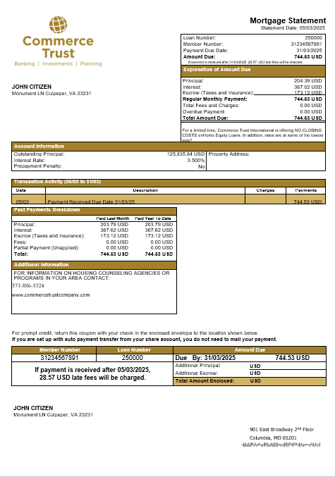 USA Commerce Trust Bank mortgage statement in Word and PDF formats