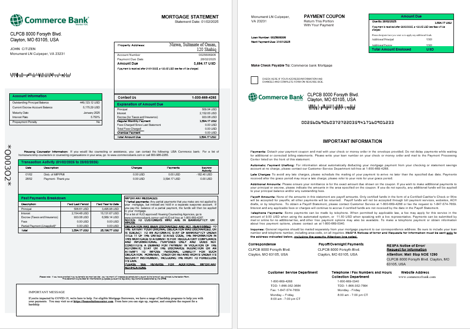 USA Commerce bank mortgage statement in Word and PDF formats