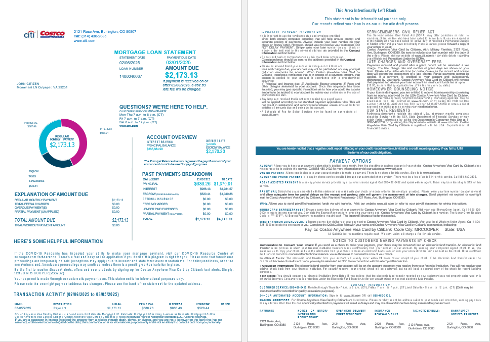 USA Costco Anywhere Visa Card by Citi bank mortgage loan statement in Word and PDF formats, 4 pages