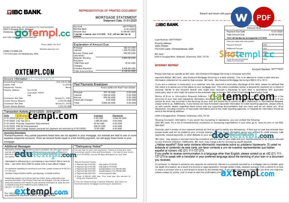 USA IBC bank mortgage statement in Word and PDF formats, 3 pages USA IBC bank mortgage statement in Word and PDF formats, 3 pages