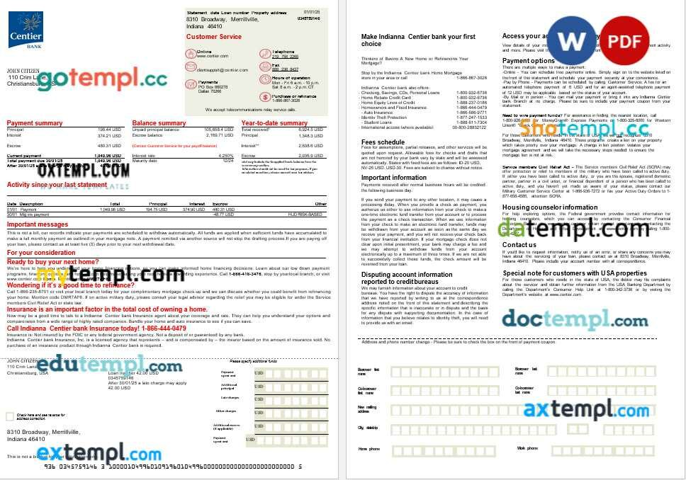 USA Indianna Centier bank mortgage statement in Word and PDF formats, 2 pages USA Indianna Centier bank mortgage statement in Word and PDF formats, 2 pages